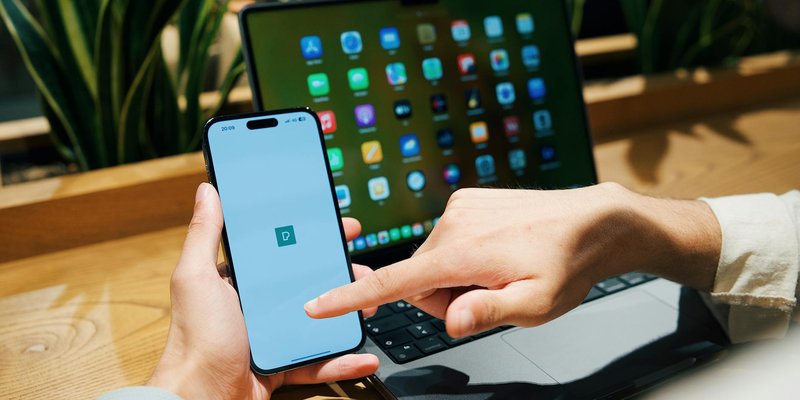 Close-up of a man using a smartphone and laptop in a modern office environment.