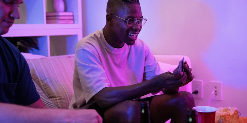 A group of friends bonding over a card game, enjoying drinks indoors with warm lighting.