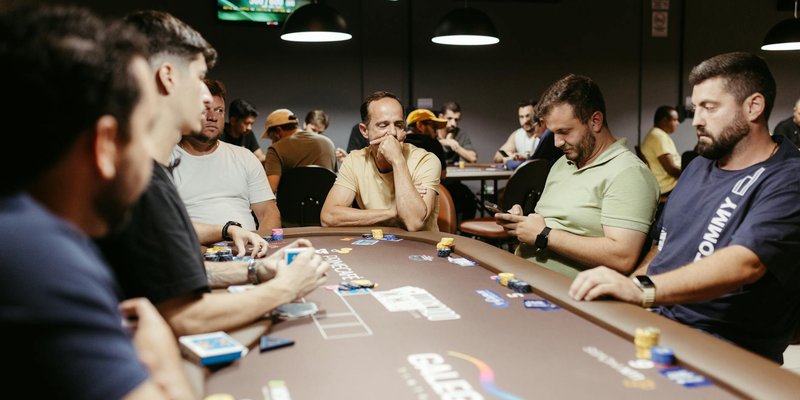 Group of men playing an intense poker game in a modern casino setting with focus on strategy.