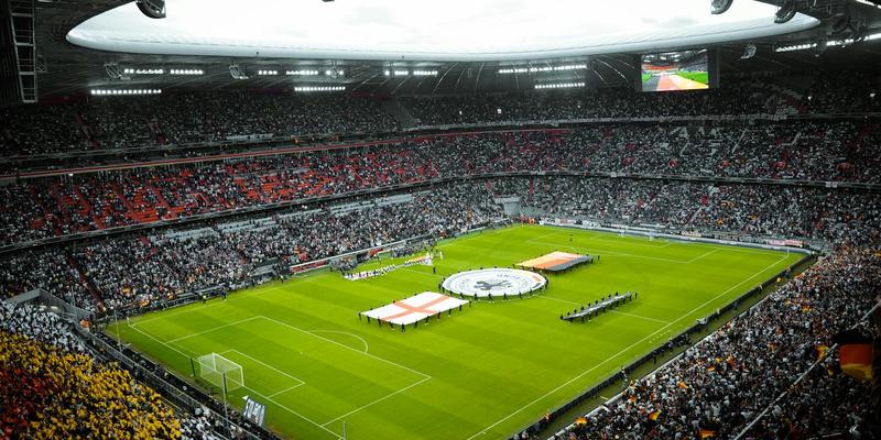 A vibrant soccer stadium filled with fans watching a game, flags displayed on the field.