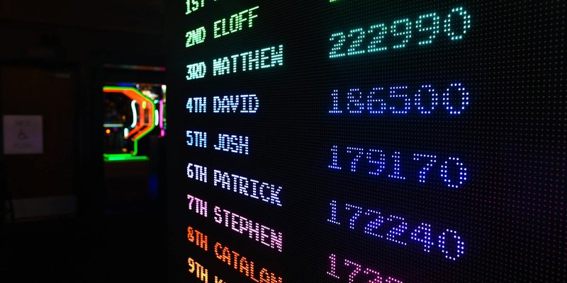 Colorful illuminated arcade scoreboard displaying high scores in a vibrant gaming ambiance.